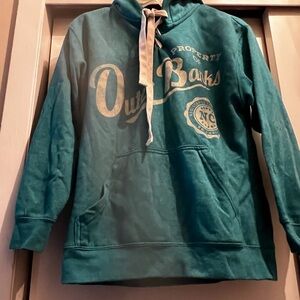 Men’s SMALL Teal Hoodie sweatshirt fat white ties Outer Banks NC